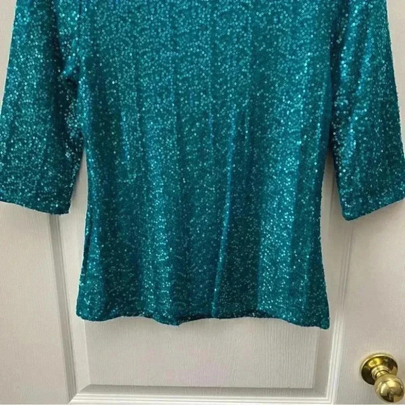 Reitman’s Sparkly Sequin Dressy Top  Scoop Neck 3/4 Bracelet Sleeve Teal XS NEW - Picture 12 of 16